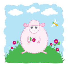 Cute lamb on a meadow with a flower.