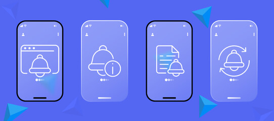 Reminder icon set. Alarm clock, message, notification, bell, alarm jingle, ringtone, call. Sound concept. Ui phone app screen. Glassmorphism style. Ui phone app screen.