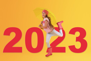 New year 2023 concept of Girl with rubber boots yellow background. Lifestyle, travel, shopping...