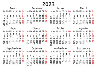 2023 calendar, Spanish, Spain. Vector compact annual wall or planner template for A4 or A5 paper size. Simple minimal one page per year design, EPS 8. Week starts Monday