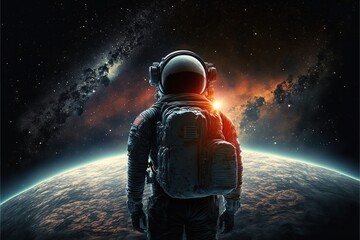 An astronaut standing in space facing towards the planets.