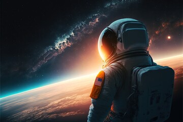 An astronaut standing in space facing towards the planets. generative ai