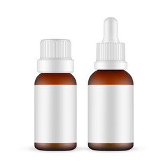 Two Amber Dropper Bottles With Blank Labels, Front View, Isolated on White Background. Vector Illustration