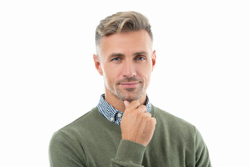 studio shot of positive unshaven man. mature unshaven man with stubble isolated on white