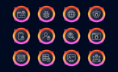 Fototapeta na wymiar Antivirus icon set. Protect, shield, virus, safe, firewall, safety, business, hacker. Safety concept. Glassmorphism style. Vector line icon for Business