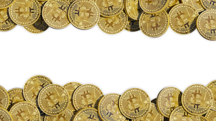 Scattered bitcoin coins isolated on white background. Horizontal crypto banner template blank. BTC cryptocurrency blockchain design blank