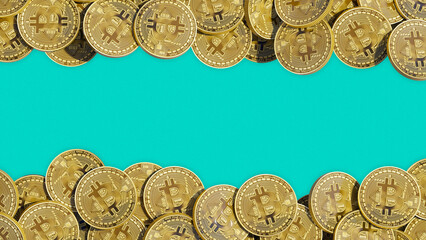 Scattered bitcoin coins frame isolated on green background. Horizontal crypto banner template blank. BTC cryptocurrency blockchain design blank