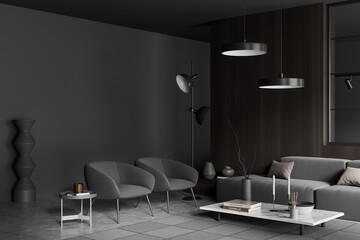 Corner view on dark living room interior with grey wall