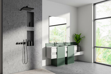 Corner view on bright bathroom interior with large mirror, shower - obrazy, fototapety, plakaty