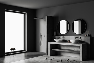 Dark bathroom interior with douche, sinks and mirror, panoramic window
