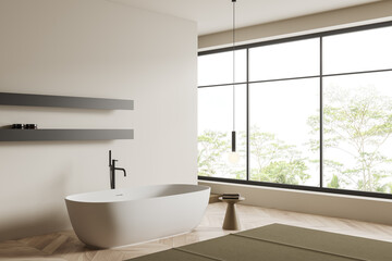 Fototapeta na wymiar Beige bathroom interior with bathtub and accessories, panoramic window