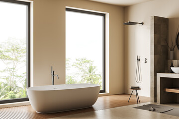 Naklejka na ściany i meble Modern light bathroom interior with bathtub and douche, panoramic window