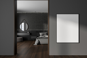 Grey modern bedroom interior with bed, dressing table and window. Mockup frame