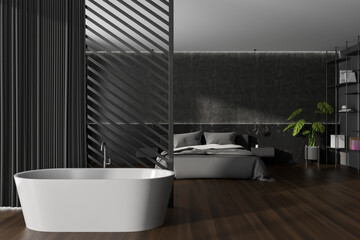 Fototapeta na wymiar Grey modern bedroom interior with bathtub and bed with shelf