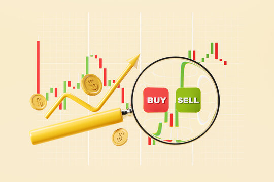 Stock market, forex chart with candlesticks, dollar coins and graph line