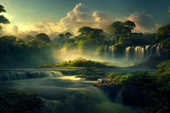 amazonas rainforest with waterfalls, tropical river landscape, fictional landscape created with generative ai