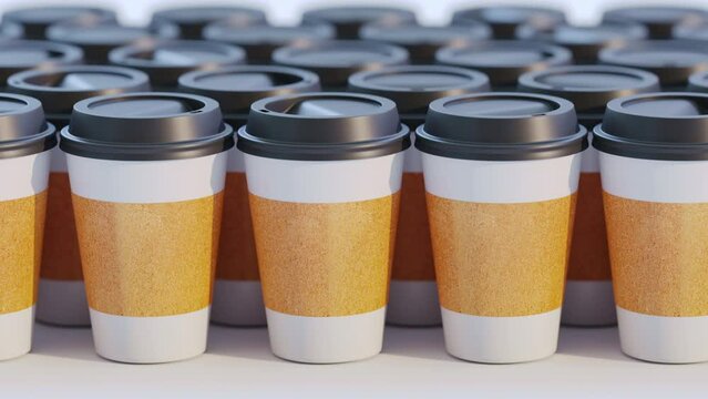 Close up of cups for coffee, tea, hot coffee or any other beverage. Stacks of paper cups. Set of many cups for a fast-food restaurant, coffee shop, cafe. Slow motion