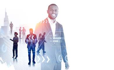 African businessman with happy look, big data analysis and chart. Copy space