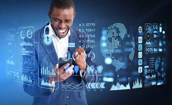 African businessman with smartphone, success and big business data hud - Powered by Adobe