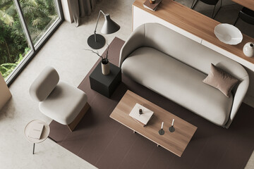 Top view of beige living room interior with couch, armchair and window