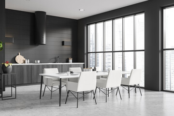 Fototapeta na wymiar Grey kitchen interior with dining and cooking corner, panoramic window