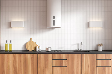 Stylish kitchen interior with shelves and modern kitchenware with hood