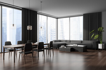 Grey living room interior with eating table and couch, panoramic window