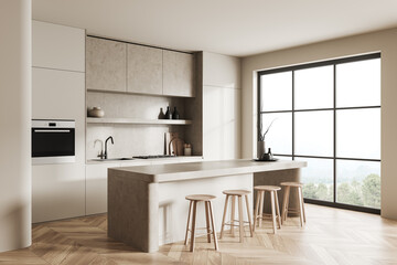 Corner view on bright kitchen room interior with panoramic window