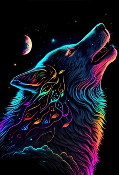 wolf galaxy/space vibrant colorful howling moon