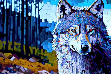 wolf in nature with mosaic style