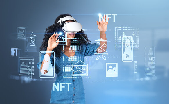 African American businesswoman wearing vr headset touches digital interface