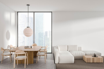 Stylish living room interior with dining and relaxing area, window. Mock up wall