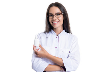 happy woman doctor with nasal drops isolated on white. doctor practitioner with nasal drops