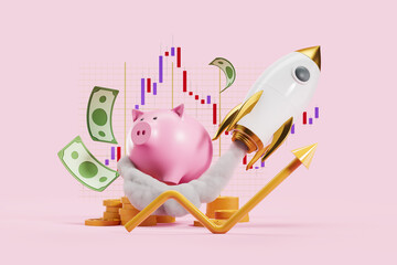 Piggy bank and rocket launch, stock market graphs and money falling