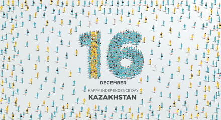 Happy Independence Day Kazakhstan. A large group of people form to create number 16 as Kazakhstan celebrates it’s Independence Day on the 16th December. Vector illustration.