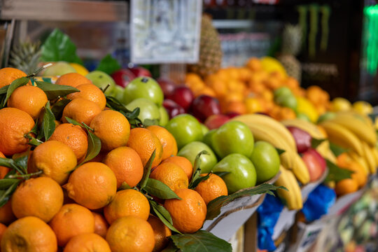 Fruit Stand, Rome, Italy, With Apples, Oranges, And Bananas