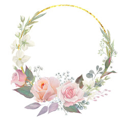 Flower wreath with roses,gold frame with roses