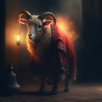 Portrait Shot Of An Anthropomorphic Goat Animal Wearing A Red Christmas Jacket,digital Art,illustration,Design,vector,art