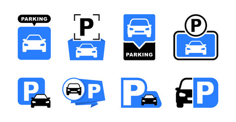 Car parking icon set. Parking space sign. Parking location. Vector illustration. - obrazy, fototapety, plakaty