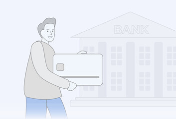  Open Bank Saving Account, financial services concept. A cartoon drawn satisfied man character holds a new bank atm card in his hands against the background of a bank branch