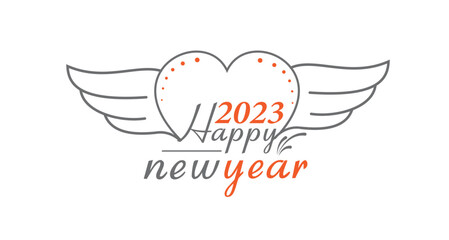 Happy New Year 2023 Logo with Love and wings , creative 2023 calligraphy vector logo typographi design. 