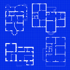 Architectural set of ground floor blueprints. Vector furnished floor plans.