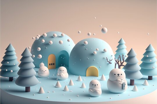 winter landscape in kawaii style, winter season, created with generative ai