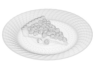 Wireframe of a piece of pie with berries on a plate made of black lines isolated on a white background. Isometric view. 3D. Vector illustration.