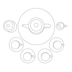 Outline of tea set with cups and teapot from black lines isolated on white background. View from above. 3D. Vector illustration.