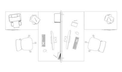 Outline of two office workplaces with computers and accessories from black lines isolated on white background. View from above. 3D. Vector illustration.