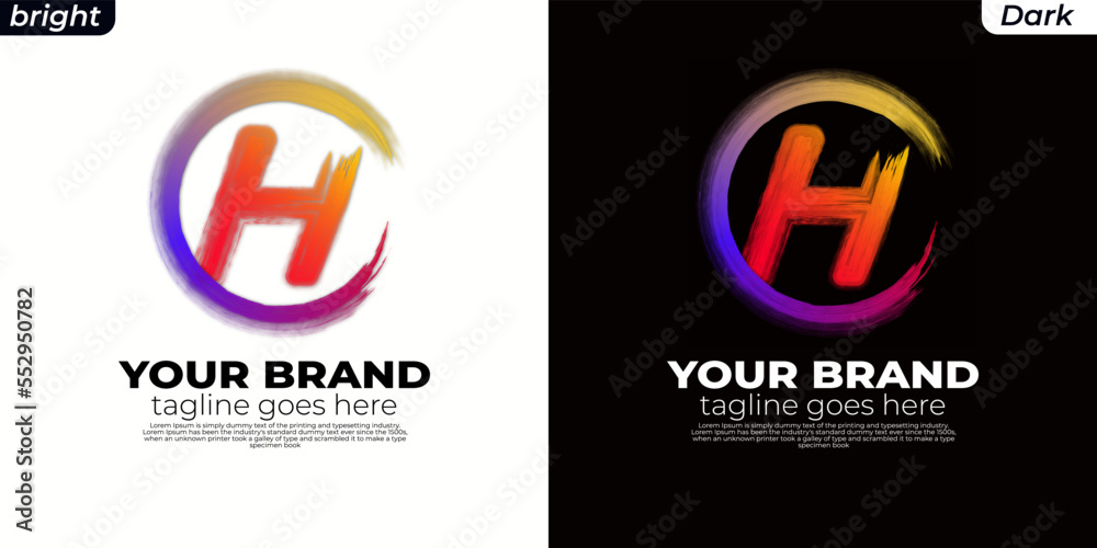 Wall mural logo Brush initial H, CH, HC, HO, OH, circle H ,Round spiral. Wavy cycle. Circular pattern. Black frame on white background. Rotate ring. Circe line. colors orange, yelow, blue, pink