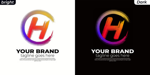 logo Brush initial H, CH, HC, HO, OH, circle H ,Round spiral. Wavy cycle. Circular pattern. Black frame on white background. Rotate ring. Circe line. colors orange, yelow, blue, pink