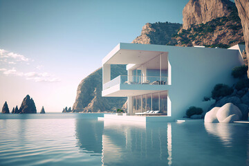 modern architecture design, luxury home with backyard swimming pool, white, clean,fictional architecture made with generative ai - obrazy, fototapety, plakaty