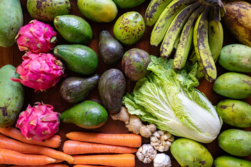 Set of Balinese fruits and vegetables . Flat lay
